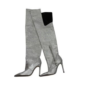 GOOD AMERICAN Silver Metallic Pointed Toe Stiletto Over The Knee Boots Size 6